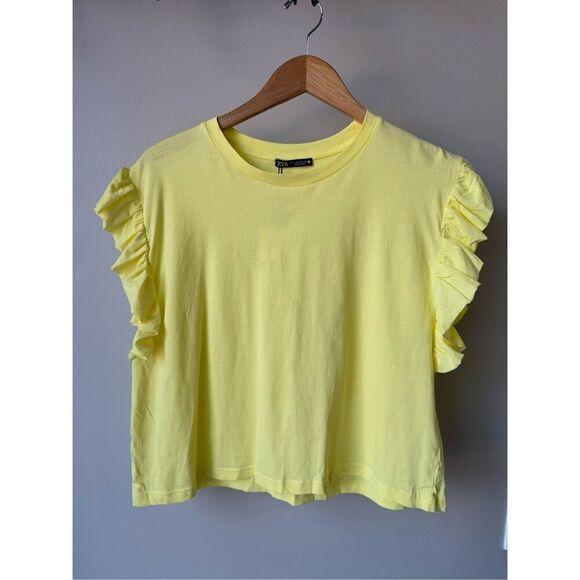 ZARA Yellow Flutter Ruffled Sleeves Crop Tee Size L - Picture 3 of 8